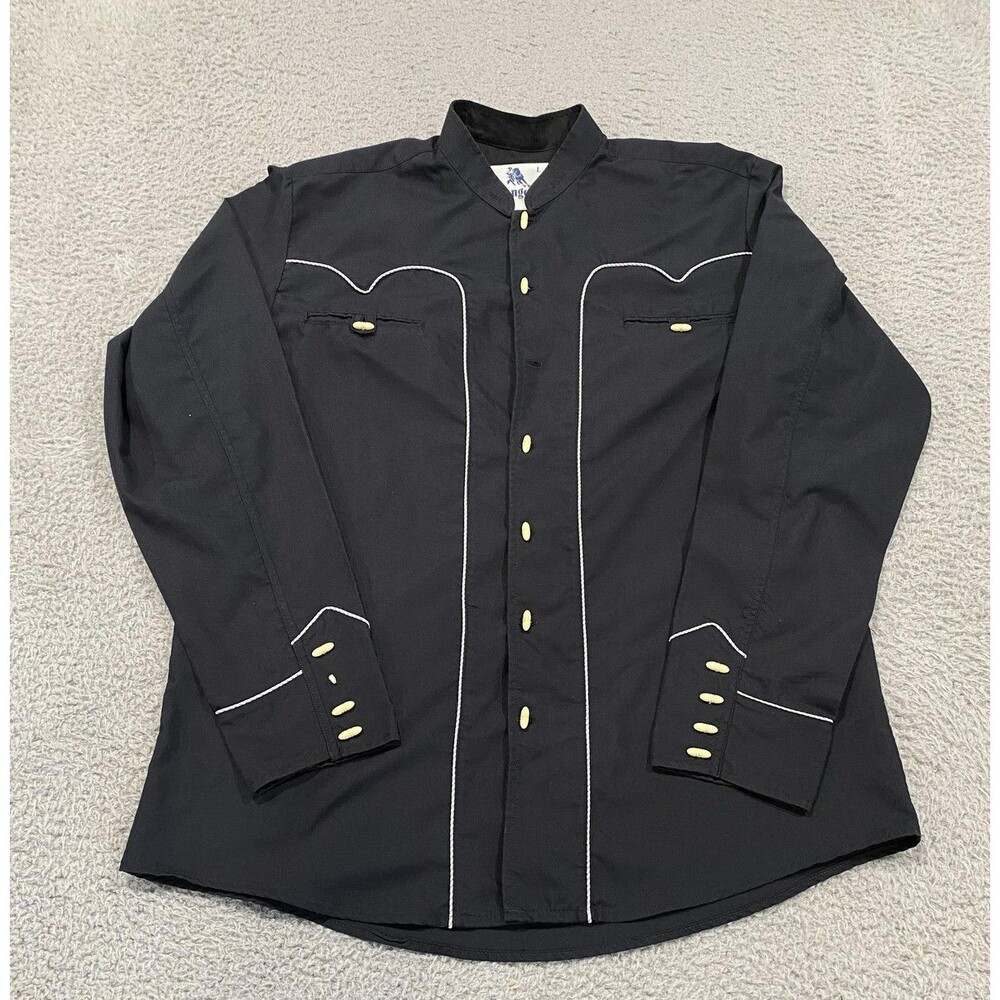 Rangers Shirt Mens Large Black Western Piping Band Collar Button Contrast Trim